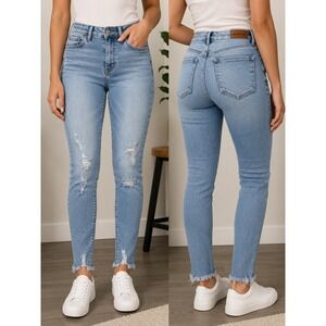 Express Denim Perfect High Rise Skinny Jeans Light Wash Distressed Raw Hem 2R